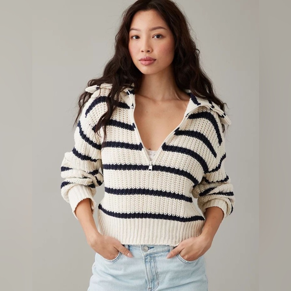 American Eagle Outfitters Navy and Cream Striped Sweater